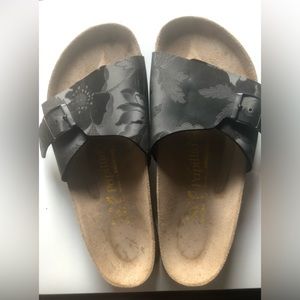 Vintage Birkenstock Sandals in Black Flowered Waterproof Canvas, Size 41.